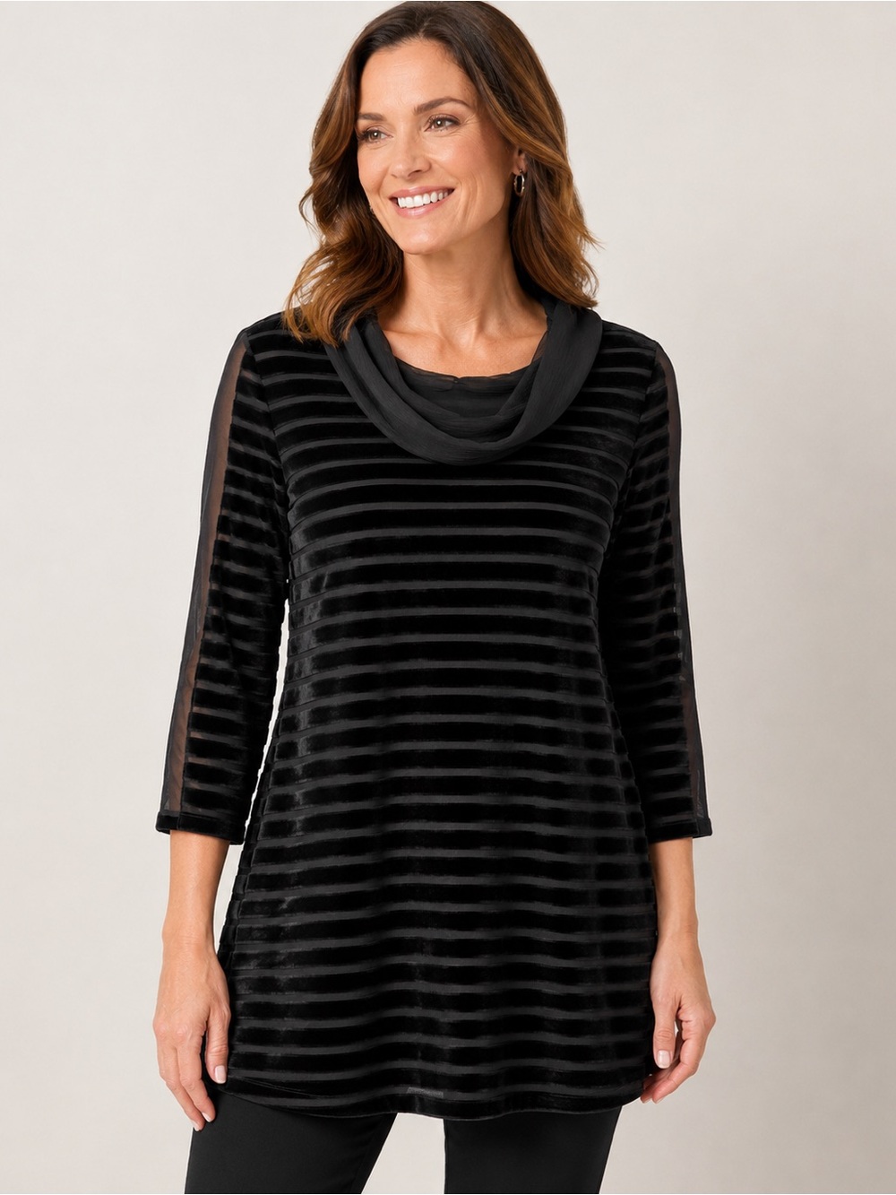 Soft Surroundings Meri Black Velvet Striped Tunic Top Cowl Neck Sheer Size Small